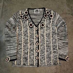 vtg  Storybook Knits Sweater Cardigan XS Black White Floral Beaded Striped
